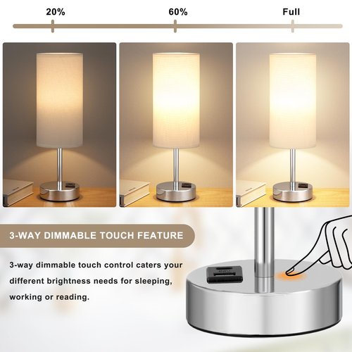 Bedside Table Lamps for Bedroom Set of 2 - Touch Lamp for Nightstand with USB-A+C Charging Ports - 3 Way Dimmable Small Desk Lamp White for Office, Dorm Room, Living Room, Reading, Nursery