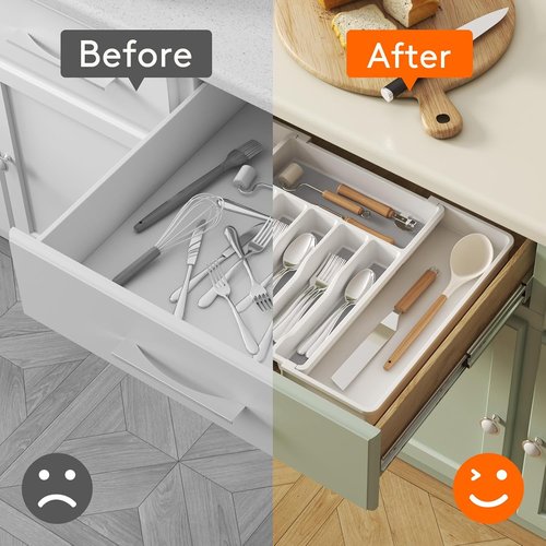 Lifewit Expandable Silverware Drawer Organizer - BPA-Free Utensil Tray for Kitchen | Adjustable Storage, 33-57 x 42cm, White & Gray
