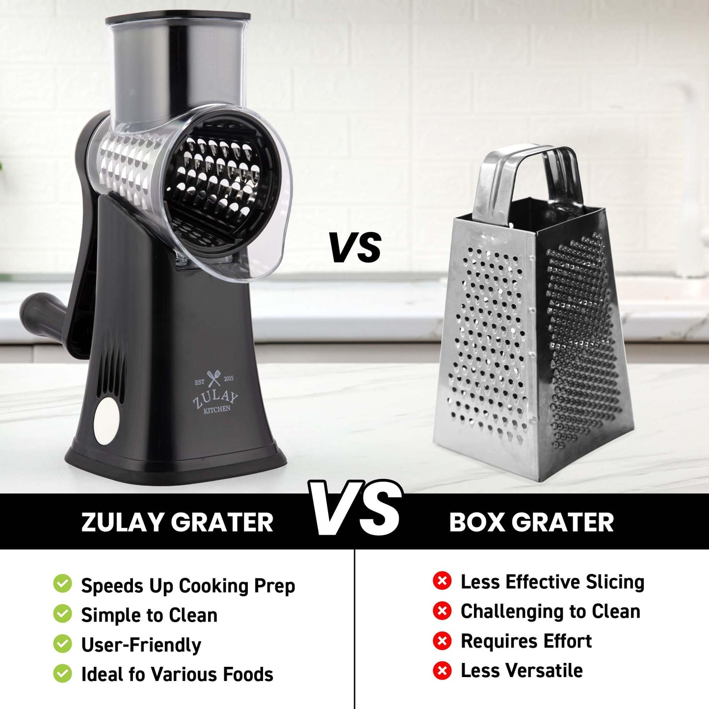 Zulay Kitchen Rotary Cheese Grater 5 Blade Cheese Shredder - Manual Hand Crank Cheese Grater With Reinforced Suction & 5 Interchangeable Drums - Easy to Use, Vegetable Chopper Round Mandoline Slicer