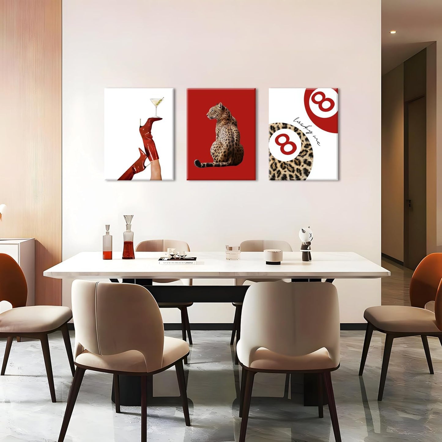 Skiennix Leopard Canvas Wall Art Set - Red Cheetah High Heel & Lucky You 8 Ball Prints | 16x24 Inch Framed Decor for Girls' Bedroom