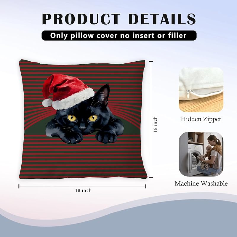 Cat-Pillow Covers 18x18 - Christmas Red Green Decor, Exqcom Variation Cat-pillow Covers-c