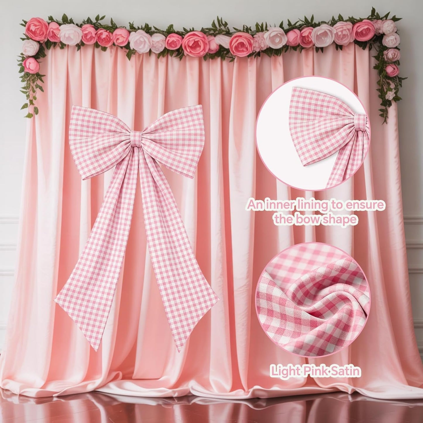 One Silly Goose Pink Checkered Bow Decor - 2 Pack of Large & Small Blue and White Backdrop for Girls' Parties