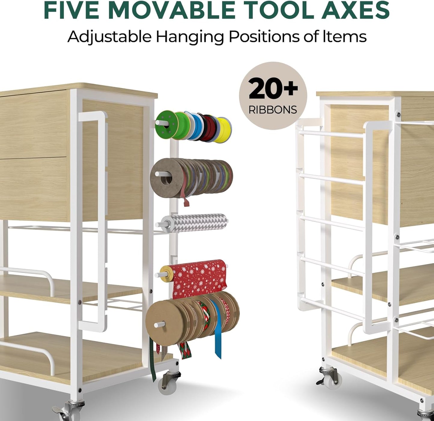 Skiennix Wrapping Paper Organizer - Stylish Craft Cart with Ribbon & Gift Bag Storage | Oak Finish, 2 Drawers