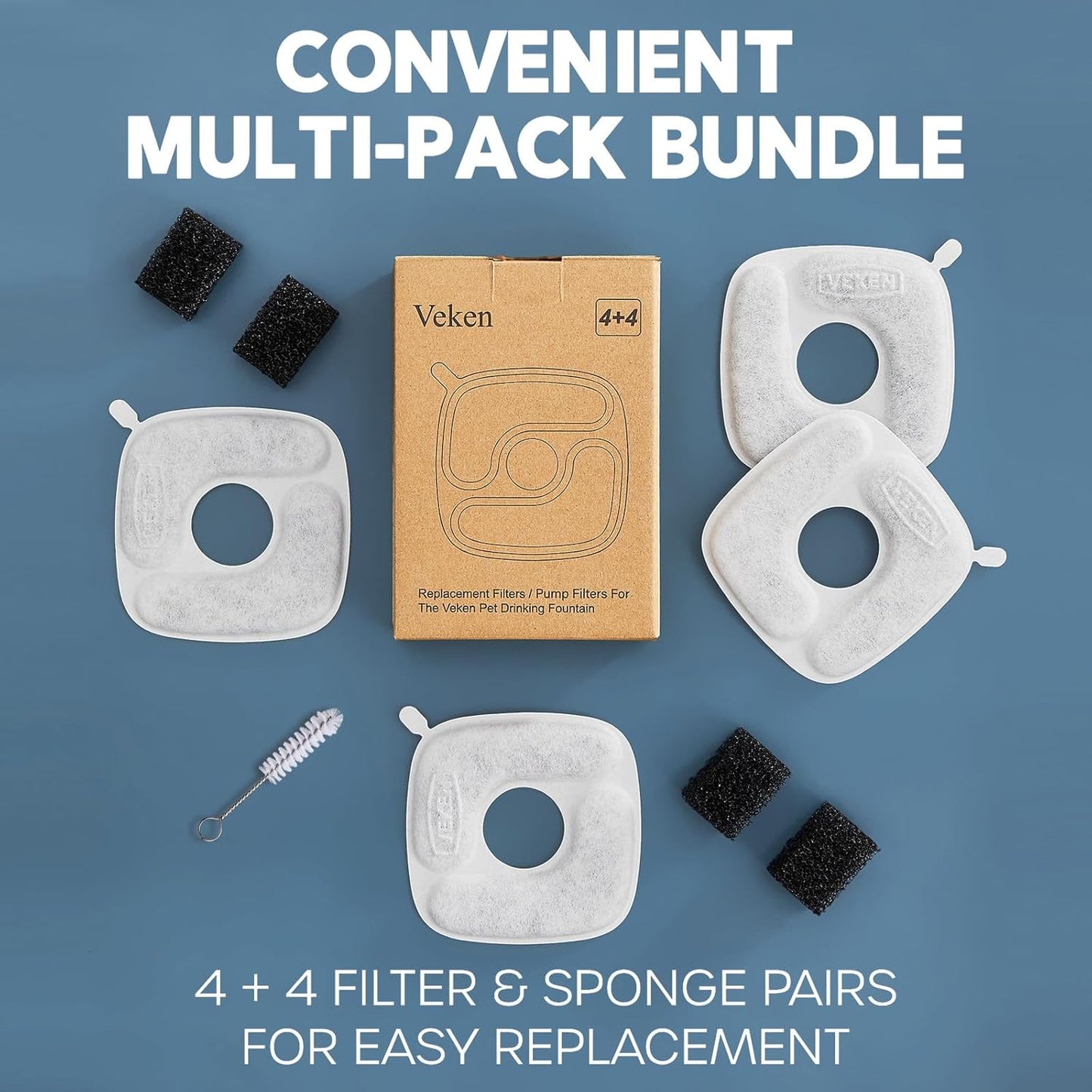Veken Cat Water Fountain Filters - 4 Pack Replacement Filters & Pre-Filter Sponges for 50oz to 108oz Fountains