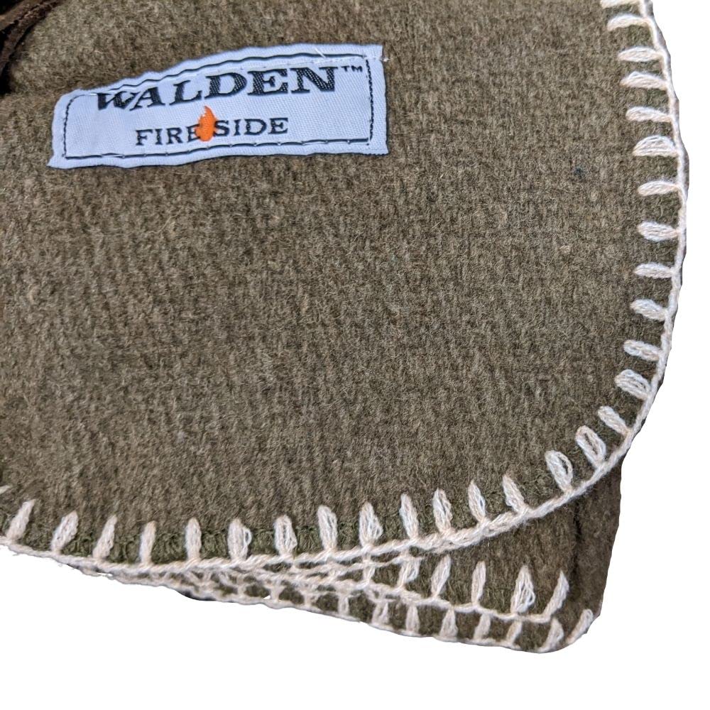 Walden Backyards Fireside Wool Blanket with Leather Carrying Strap (Olive Green with Brown Leather Carrier)