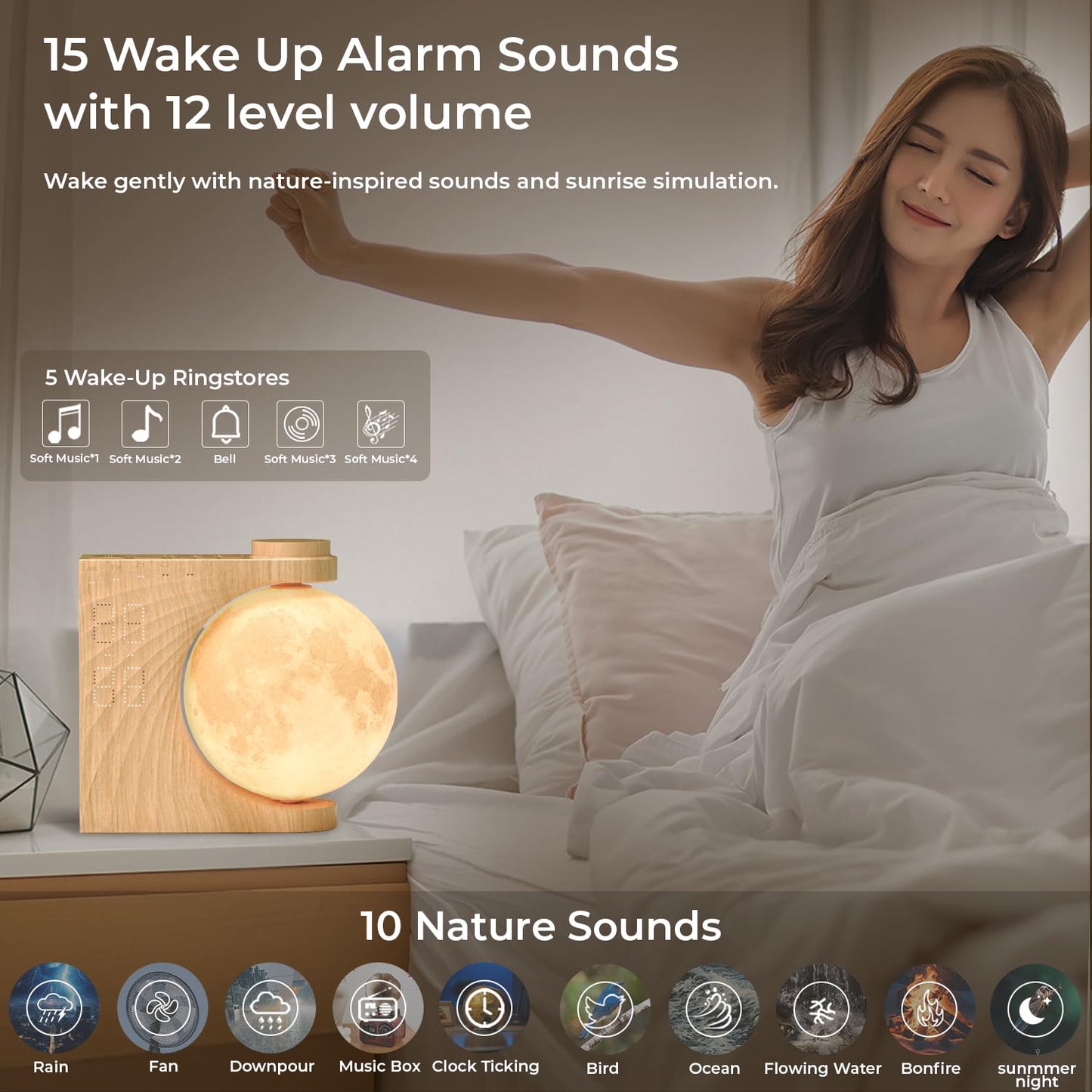Sunrise Alarm Clock for Heavy Sleepers, Moon Lamp with Moon Light & 10 Light Effects, Cute Alarm Clock with10 White Noise Sounds & Dual Alarms for Bedrooms & Home Office Decor (Walnut Wood Grain)