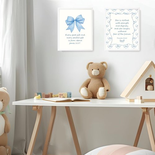 LARTSFRO Coquette Blue Bow Wall Art - Inspirational Christian Decor for Bedroom & Bathroom | Set of 4 Unframed 10x8 Inch Prints