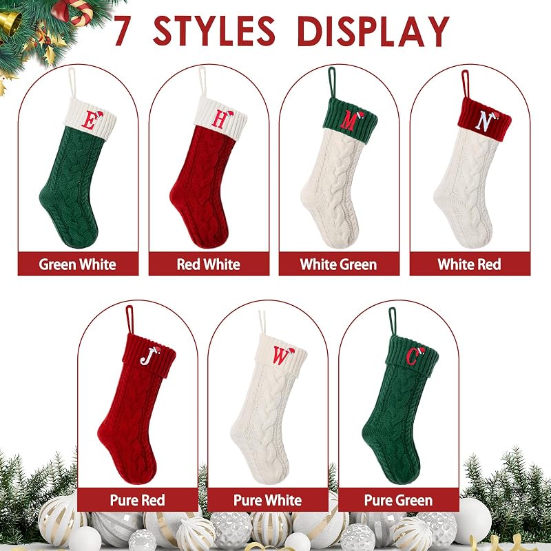 Personalized 18 Inch Knitted Christmas Stocking with Initials N – White & Green, Embroidered Monogram
