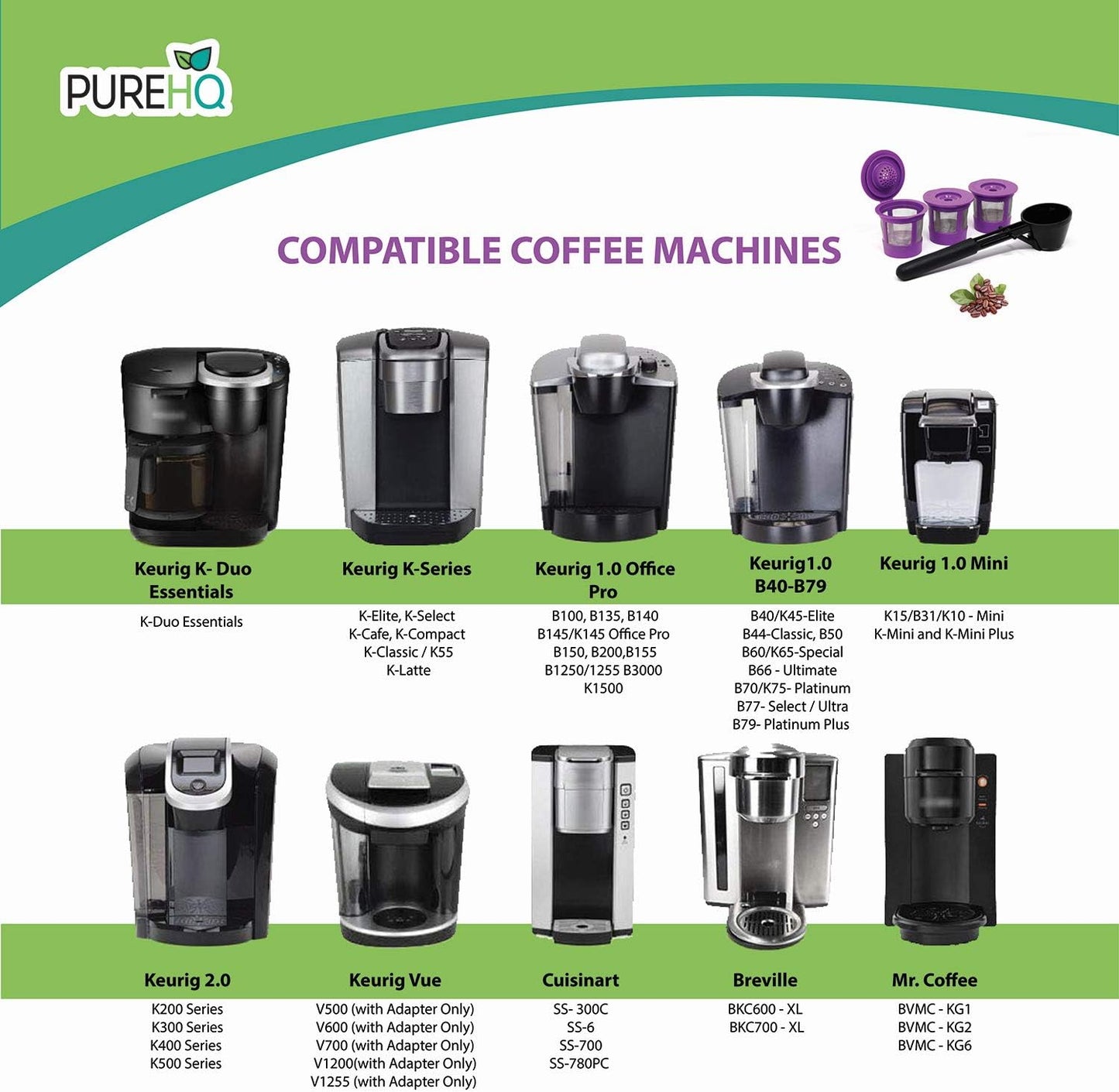 PureHQ Reusable K Cups for Keurig Mini Plus - 3 Refillable Coffee Pods with Adapter