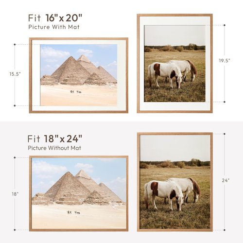 18x24 Poster Frame, 18 x 24 Solid Oak Picture Frames Matted to 16x20, 24x18 Natural Wooden Frame Horizontal or Vertical Wall Mounting, Set of 3