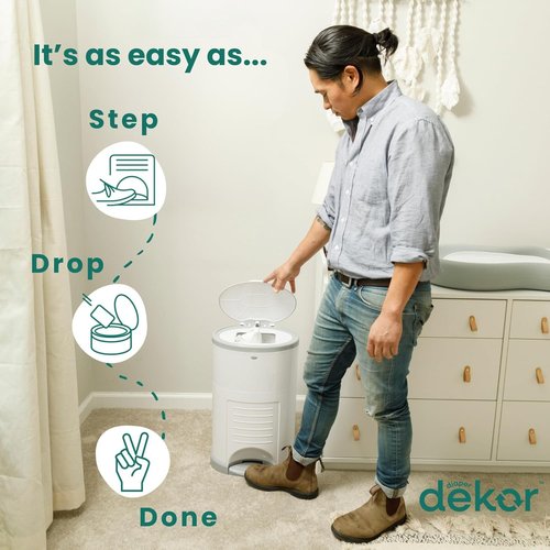 Diaper Dekor EKO MINI Diaper Pail, White, ONLY Eco-Friendly Diaper Pail Made with 70% Recycled Materials, Hands-Free: Step–Drop–Done, Cost-Effective Refill System