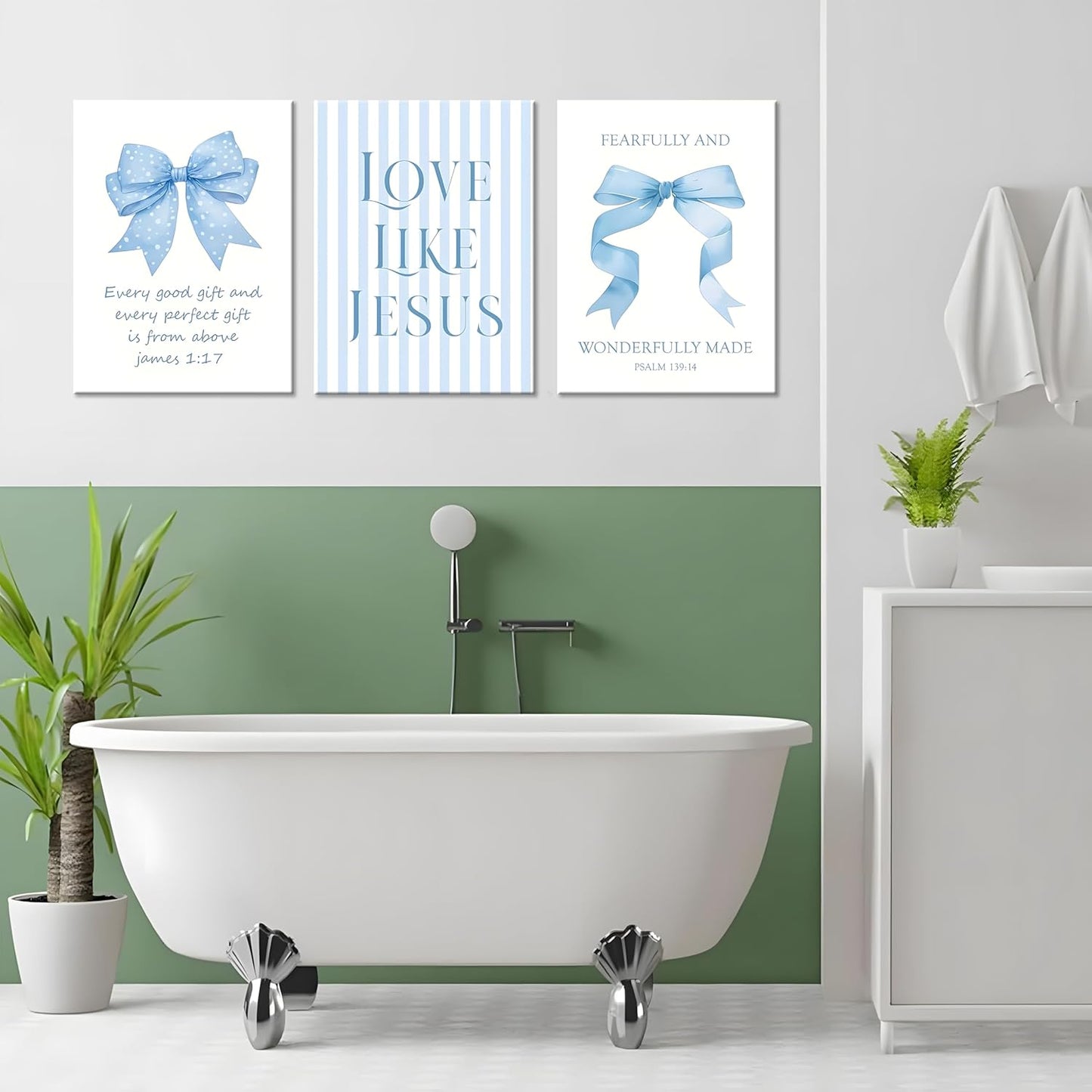 Blue Bow Jesus Canvas Wall Art - Inspirational Bible Verse Decor for Dorm Room | 12x16 Inch Framed