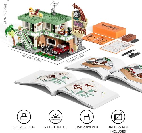 FUNWHOLE City Car-Hotel Lighting Building Set - 1970 Pcs Modular Twilight Motel with LED Lights for Adults & Teens