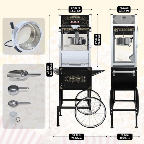 20 Oz Commercial Popcorn Machine - Sleek Black Popcorn Maker with Storage Stand & Wheels