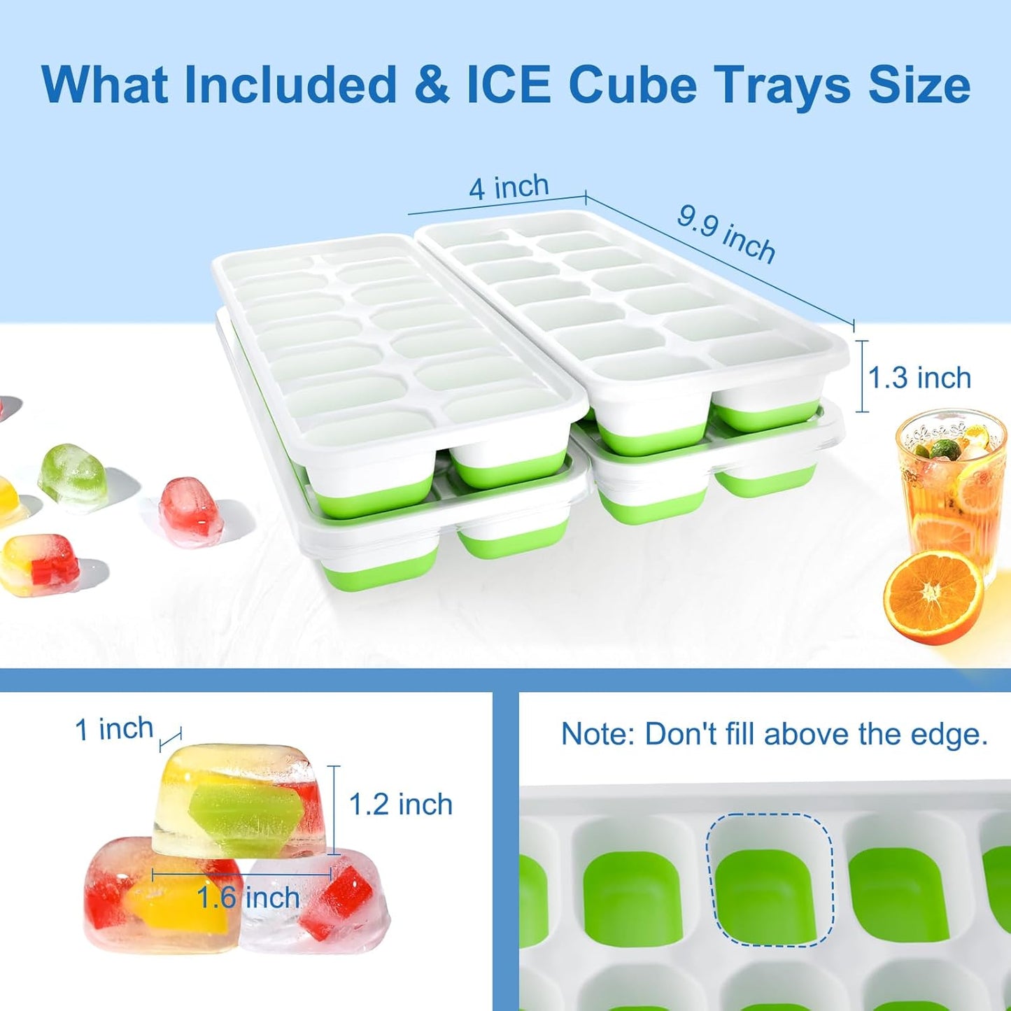 Skiennix Silicone Ice Cube Tray - Easy-Release Stackable Design, BPA-Free, 4 Pack with Lids (56 Cubes)