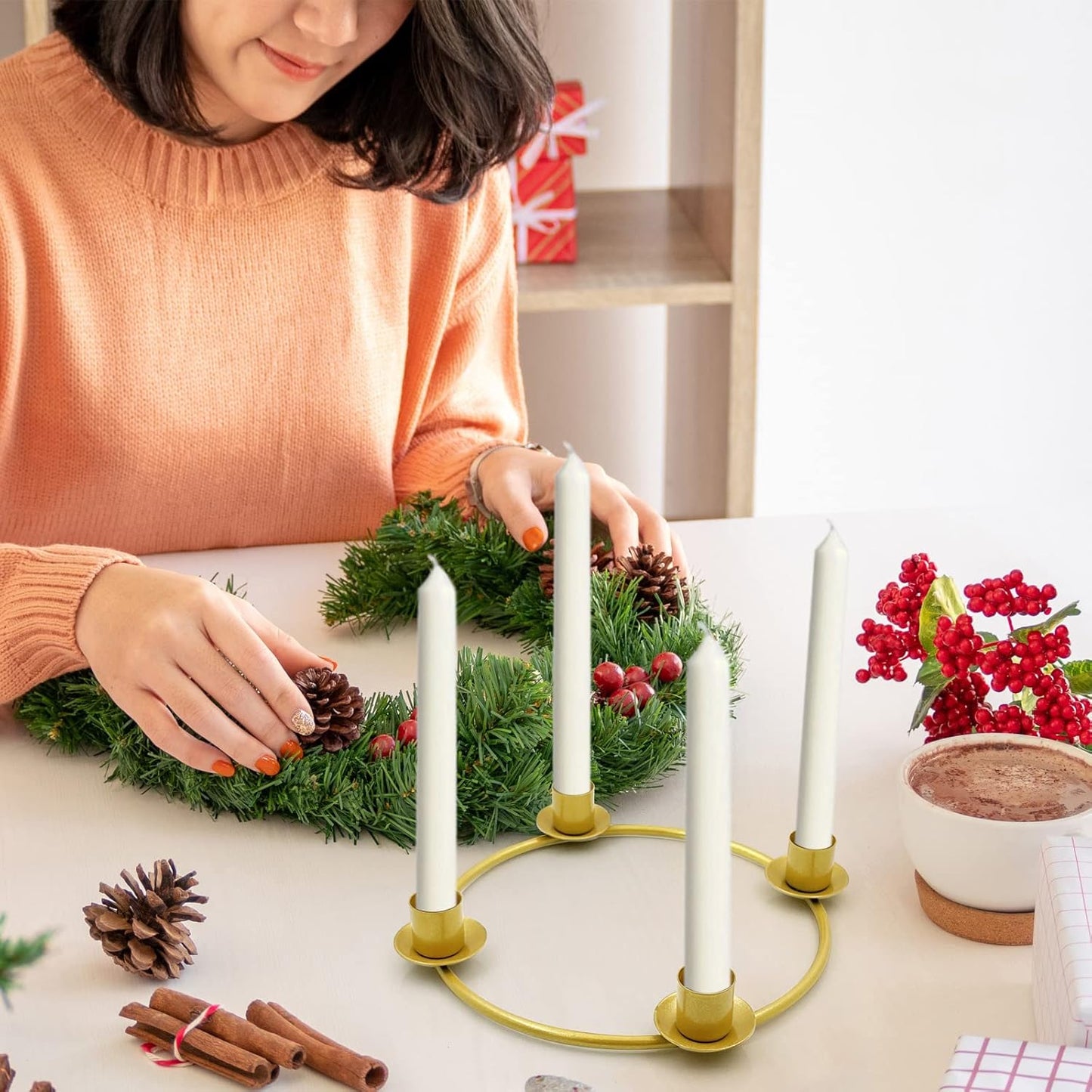 SHMILMH Advent Wreath Candle Holder - Elegant Gold Candle Ring for Christmas Centerpiece Decor