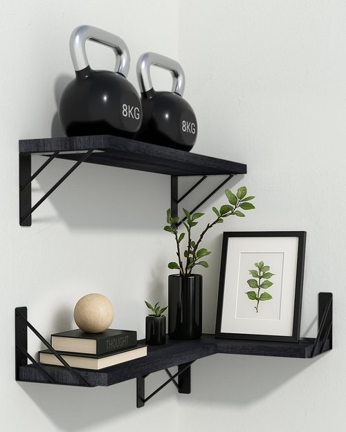 BAYKA Wall Mounted Floating Shelves, Wood Floating Wall Shelf for Books & Decor, Small Space-Saving Display & Organizer(Black,Set of 3)
