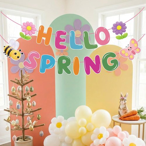 Hello Spring Banner - Colorful Spring Party Decorations with Bee, Butterfly & Flower | No DIY Needed