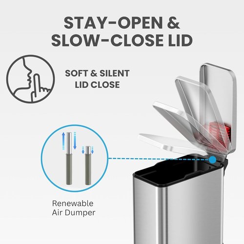 iTouchless 3 Gallon Stainless Steel Trash Can - Soft-Step Lid & Deodorizer | Fingerprint-Proof Silver Bin for Bathroom & RV