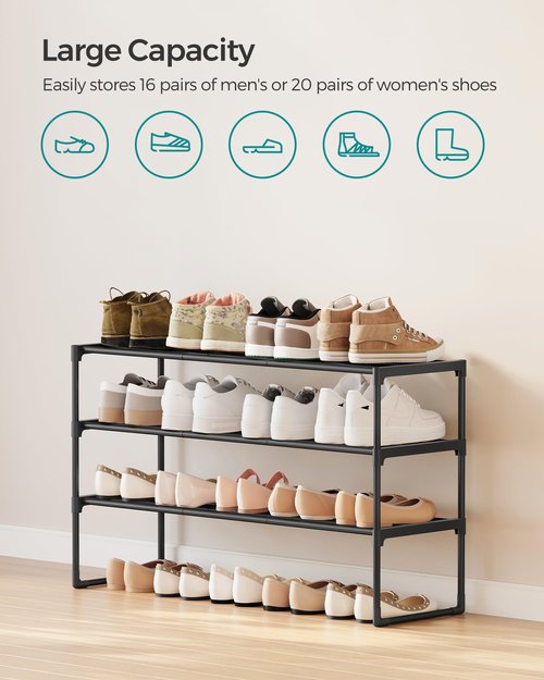 SONGMICS Shoe Rack, 3-Tier Shoe Organizer, Metal Storage Shelf, Upright or Upside Down, for 16-20 Pairs, Stackable, for Entryway, 11.8 x 36.2 x 21.7 Inches, Black ULSA303B02