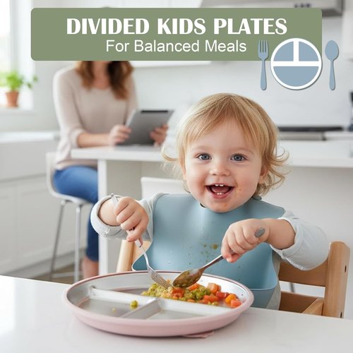 E-far Stainless Steel Toddler Plates - 9" Non-Slip Suction Plates, 4-Pack Divided Baby Dishes, Dishwasher Safe