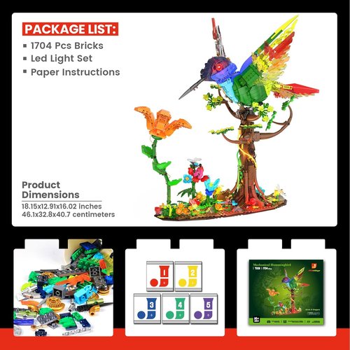 JMBricklayer Hummingbird Building Set - LED Light Model for Adults | Creative Flower Animal Décor, Gift Idea for Ages 14+