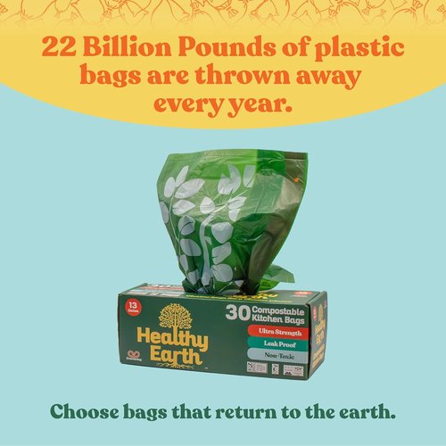 Healthy Earth 13 Gallon Compostable Trash Bags - Heavy Duty Leak-Proof Kitchen Liners | 30 Count