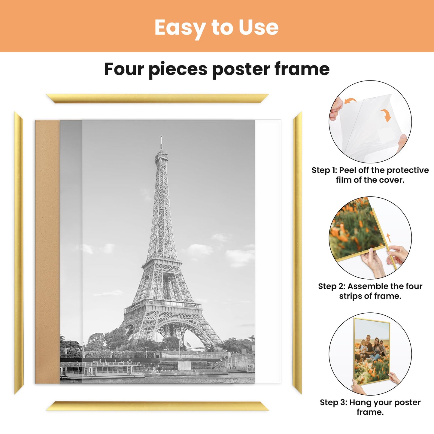 upsimples 20x30 Picture Frame Gold 3 Pack, Scratch-Proof Poster Frames 20 x 30 for Photo Gallery - Slide-In Strips, Horizontal or Vertical Wall Mounting