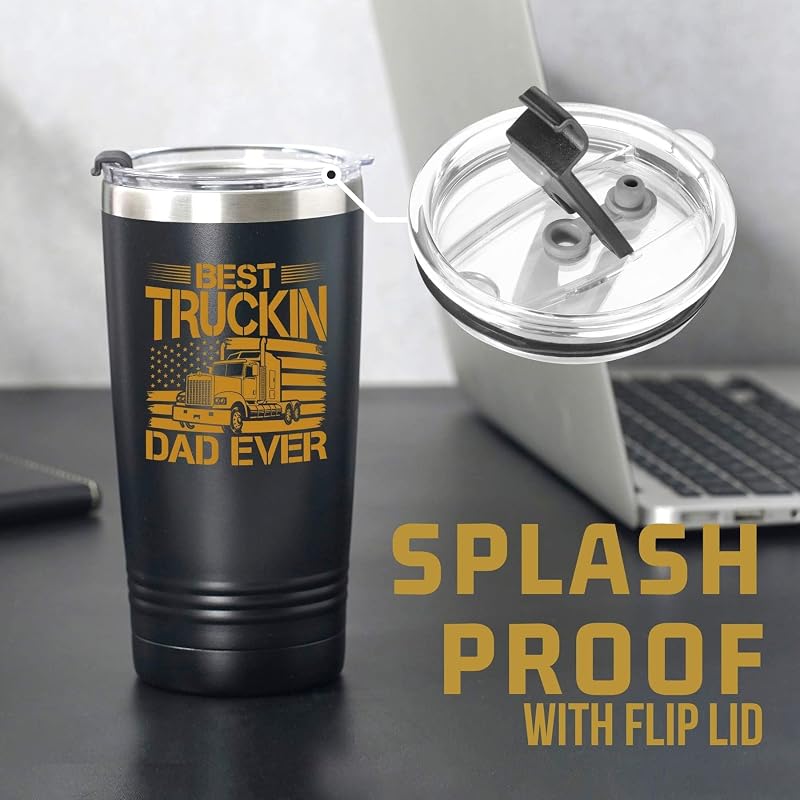20 oz Stainless Steel Insulated Tumbler - Best Truckin Dad Ever Gift for Truck Driver Dad