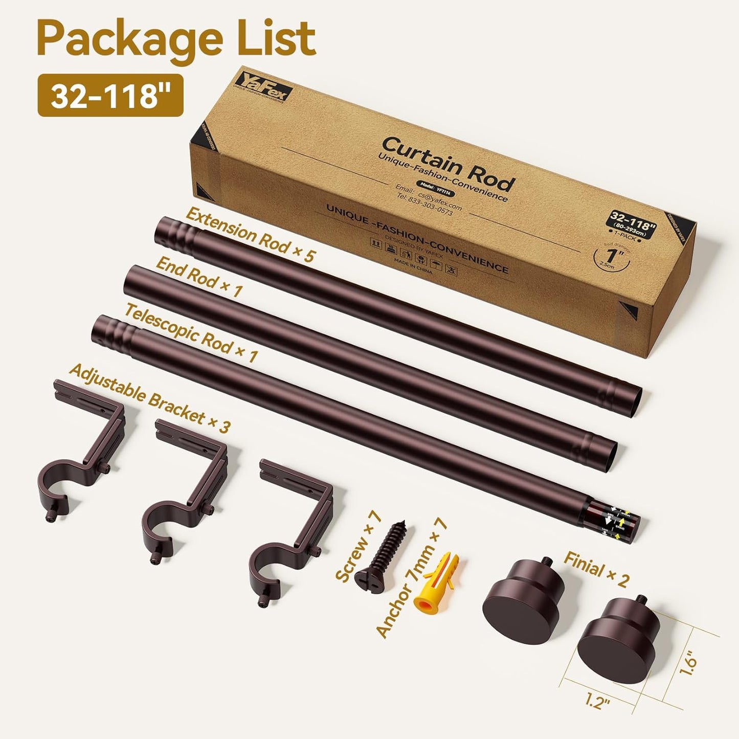 YaFex Curtain Rods - Heavy Duty 1 Inch Adjustable Window Treatment Rods | 32-118 Inch, Bronze Finish