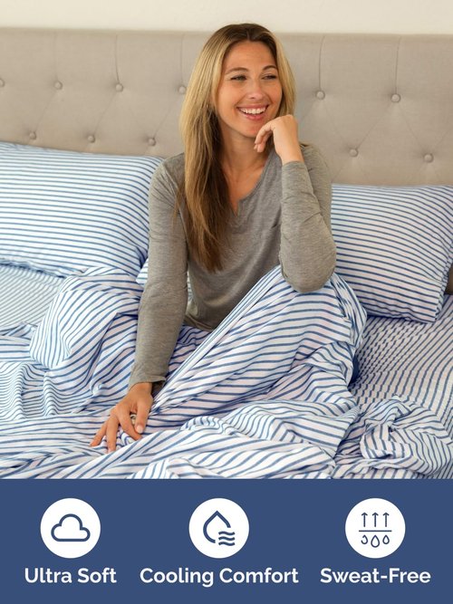 Extra Deep Cal King Fitted Sheet - Hotel Luxury Single Fitted Sheet Only - Easily Fits 18 inch to 24 inch Mattress - Ultra Soft, Wrinkle Free w/Extra Deep Pockets - Breathable & Comfy - Blue Stripes
