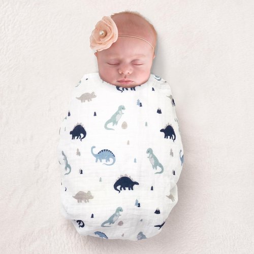 david's kids 4 Pack Baby Muslin Swaddle Blankets, 100% Cotton and Ultra Soft Breathable Receiving Blanket Wrap for Boys Girls, New Born Essentials, Large 47 x 47 inches, Dinosaur