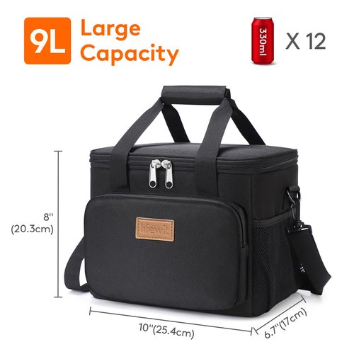 Lifewit Medium Lunch Bag, Insulated Lunch Box, Soft Cooler Cooling Tote for Adult Men Women, Black 12-Can (9L)