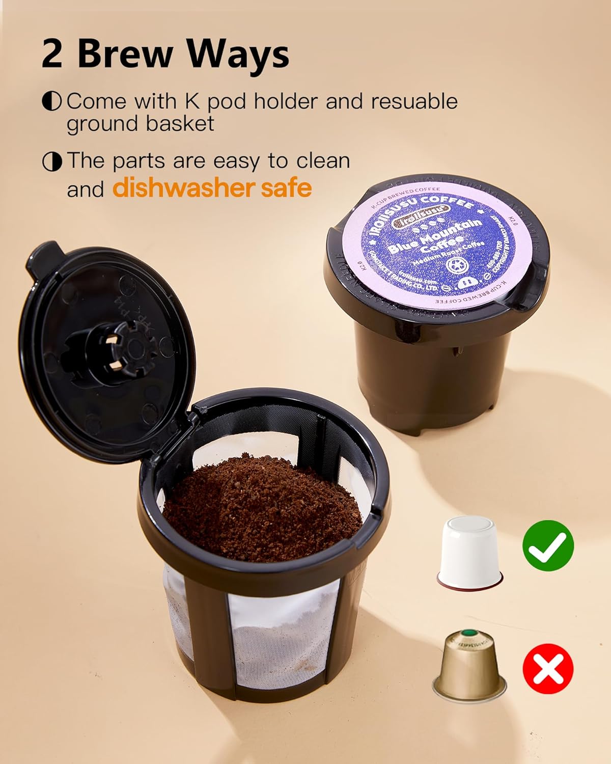 Skiennix Single Serve Coffee Maker - Portable Mini Brewer for K Cups & Grounds | 6-12 Oz, Black & Gold