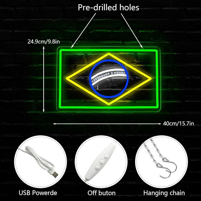 Brazil Flag Neon Sign - Dimmable LED Wall Light for Man Caves, Bedrooms & Garages