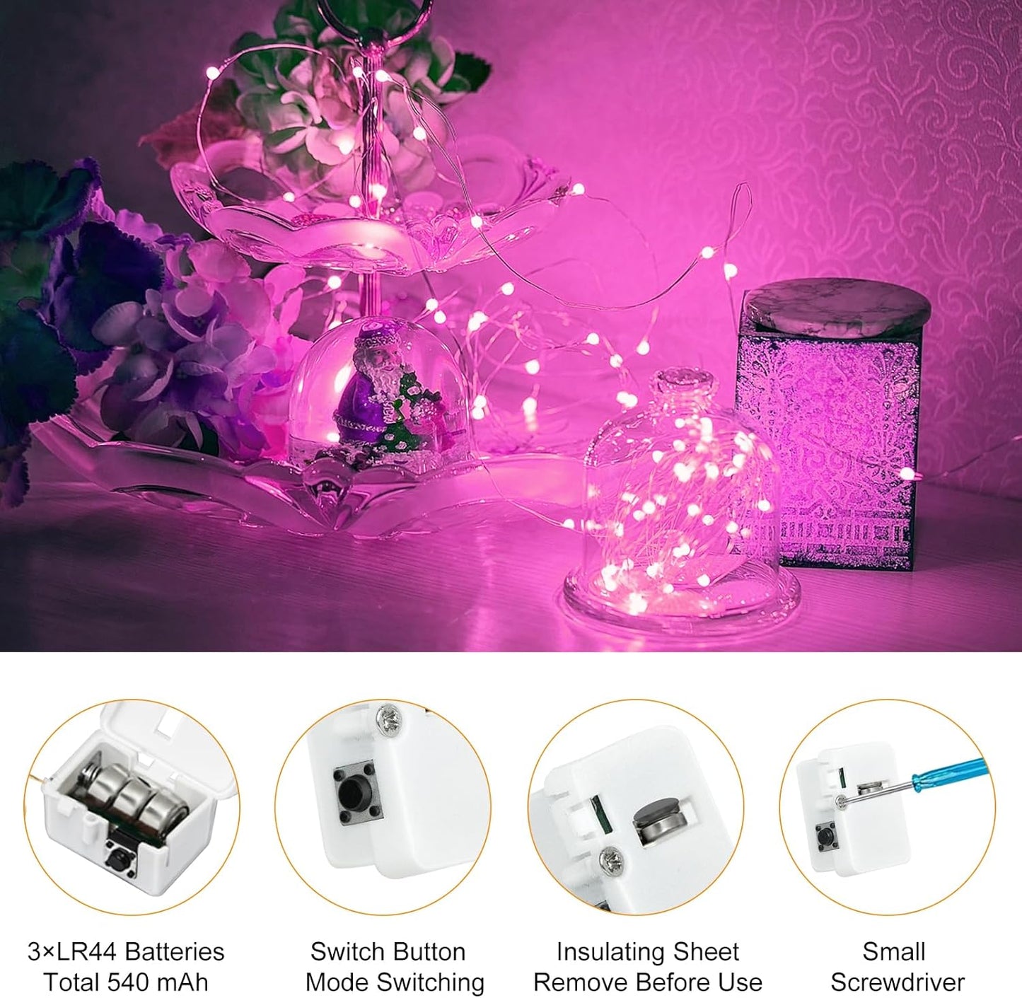 Btfarm Pink Fairy Lights - 12 Pack Battery Operated Twinkle String Lights | 7ft Waterproof for Weddings & Decor