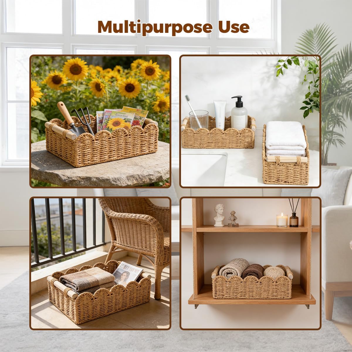 Paper Rope Scalloped Edge Toilet Paper Storage Basket - Small Living Room & Bedroom Decor with 2 Wooden Handles