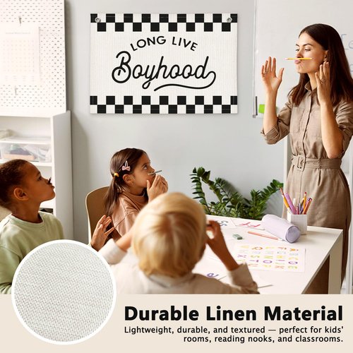 ETVISO Long Live Boyhood Black and White Checkered Boys Room Decor - Linen Banner Wall Hanging Canvas Banner Flag Decor for Toddler Boy Bedroom Nursery Playroom