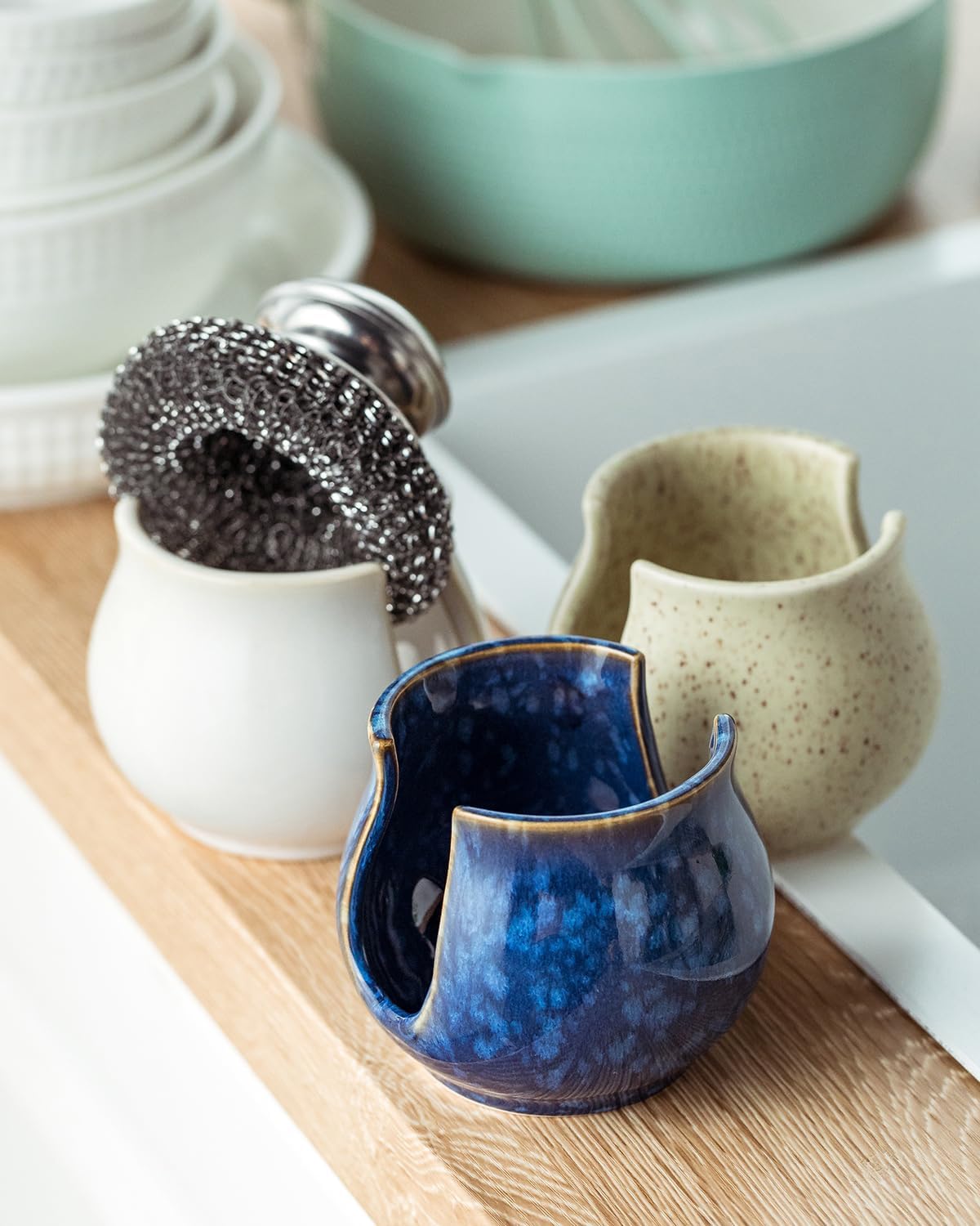 Skiennix Ceramic Sponge Holder - Kitchen Sink Organizer for Scrubbers | Blue Dish Rack