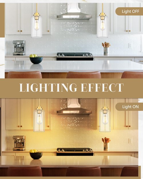 HUNEASON Pendant Light Fixtures, Pendant Lighting for Kitchen Island, Brushed Gold Clear Glass, Farmhouse Island Lights for Kitchen Dining Room Bedroom, 2 Pack