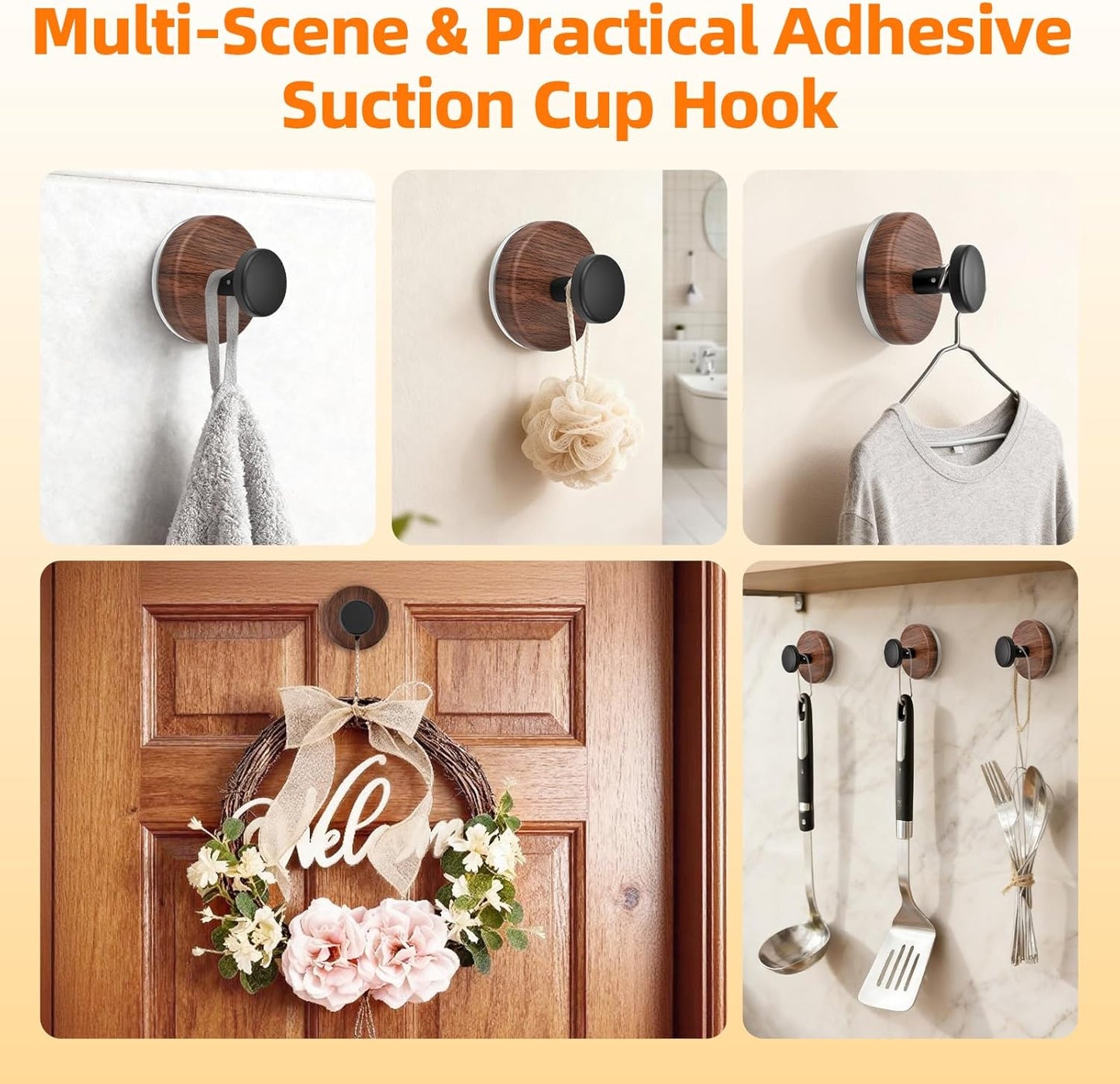 Walnut Suction Cup Wreath Hanger - No Drill Hook for All Seasons | 2 Pack for Front Door/Window