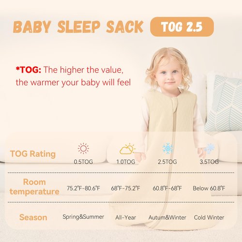 Yoofoss Baby Sleep Sack 6-12 Months TOG 2.5 Winter Baby Wearable Blanket, 100% Organic Cotton Infant Toddler Sleeping Sack 2-Way Zipper Warm Quilted Sleep Sack