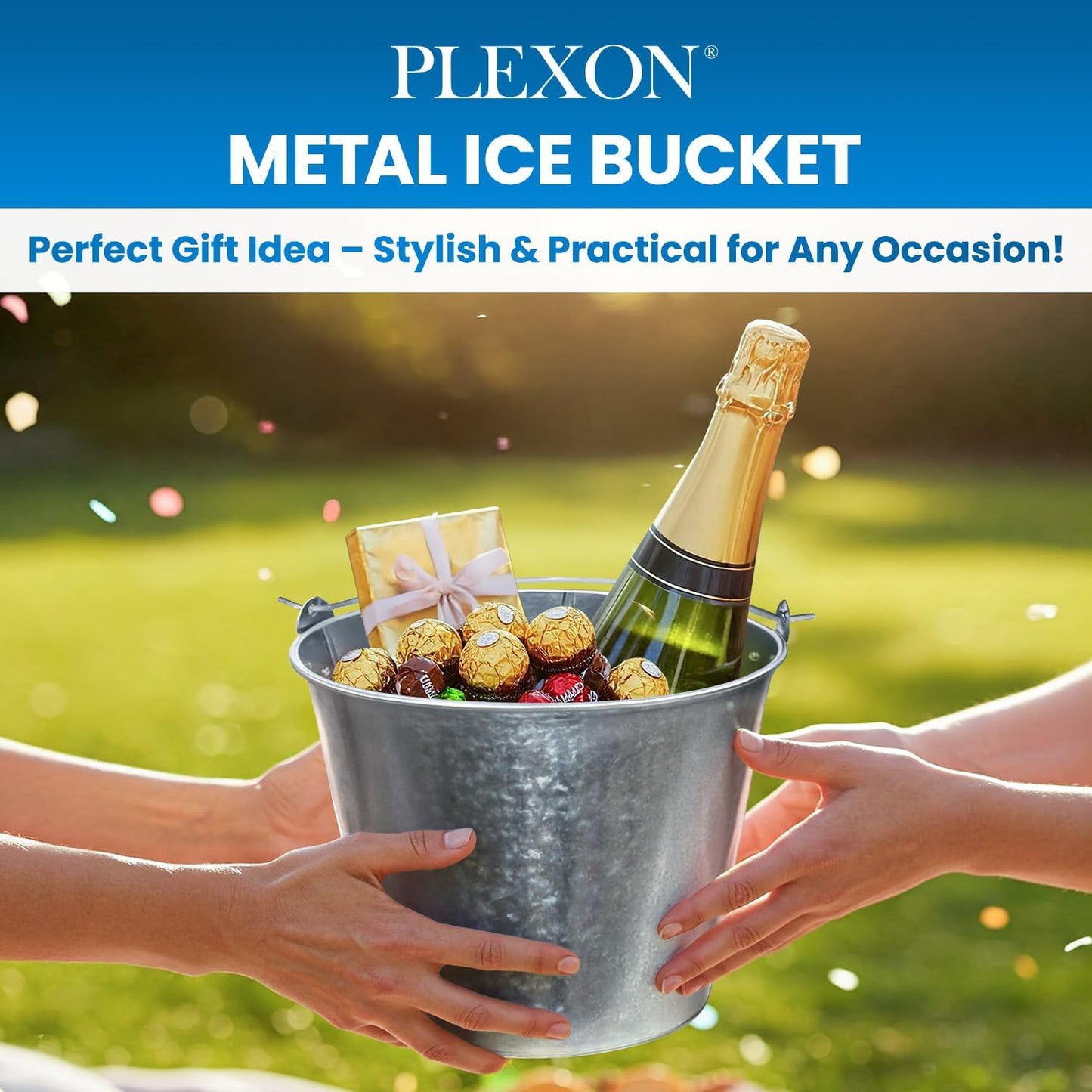 PLEXON Metal Ice Bucket for Parties Coctail Bar Restaurant - Drink Beer Champagne Metal Pail Bucket with Handle, Beverage Chiller, Galvanized Steel, 1.3 Gallon, Set of 3