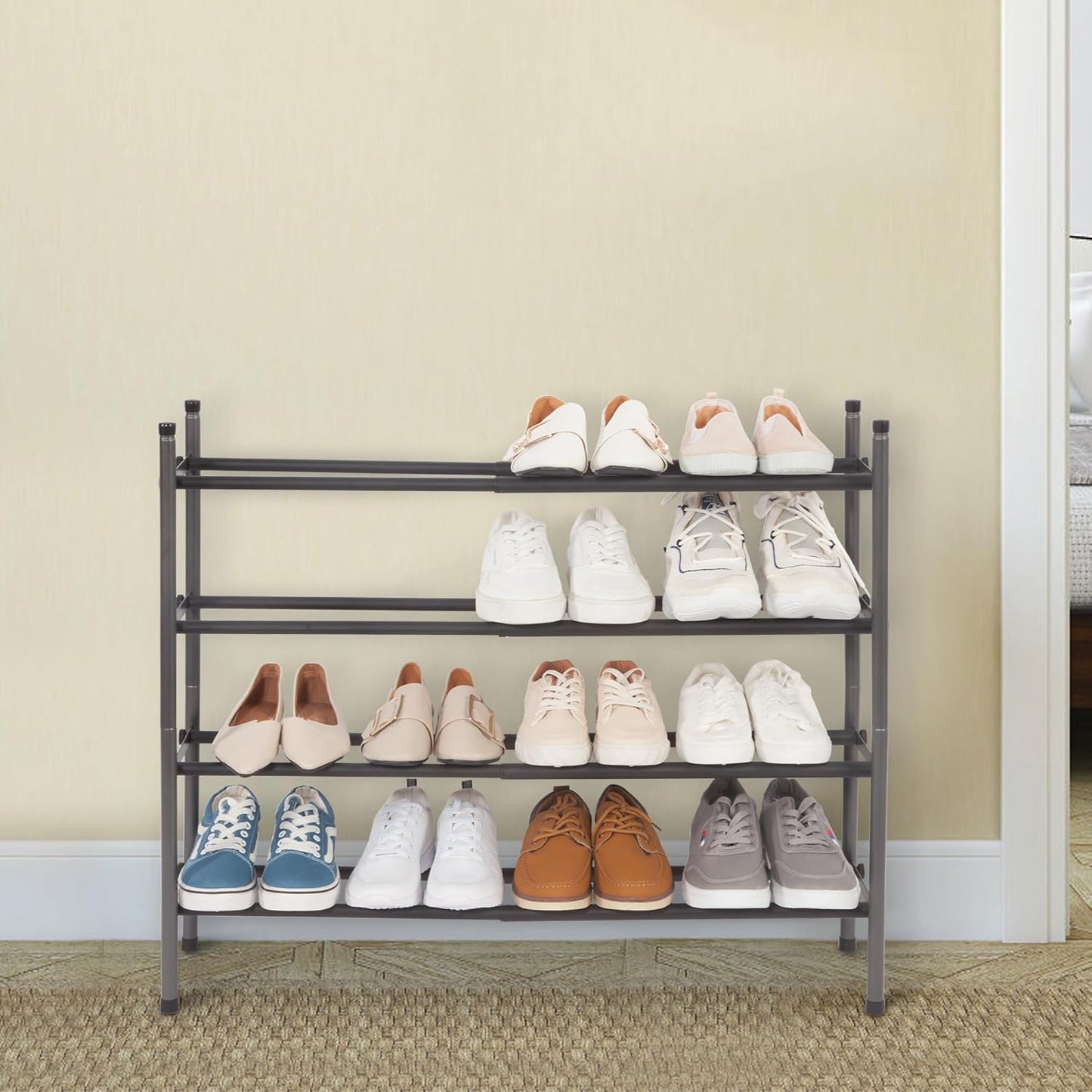 Storage Maniac Expandable Shoe Rack - Adjustable 4-Tier Organizer for 16 Pairs | Black Metal Design