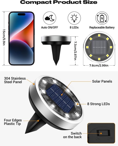 Btfarm 16 Pack Solar Lights - IP65 Waterproof LED Ground Lights for Garden & Patio - Cool White