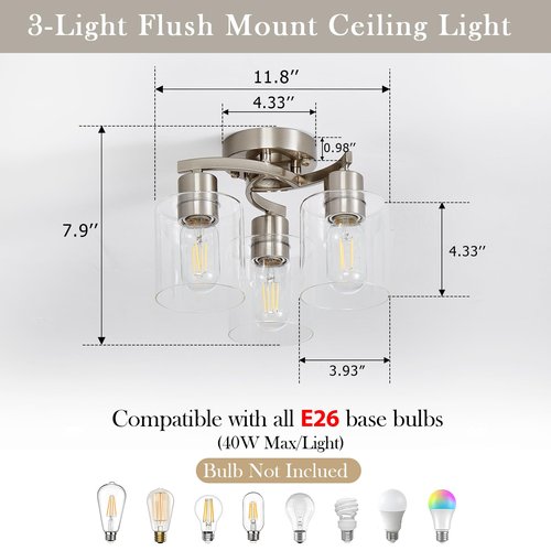 Doltoro Brushed Nickel Ceiling Light Fixtures, 3-Light Kitchen Light Fixture, Modern Flush Mount Ceiling Light Mount with Clear Glass Shade for Foyer Stairs Hallway Entryway Bedroom