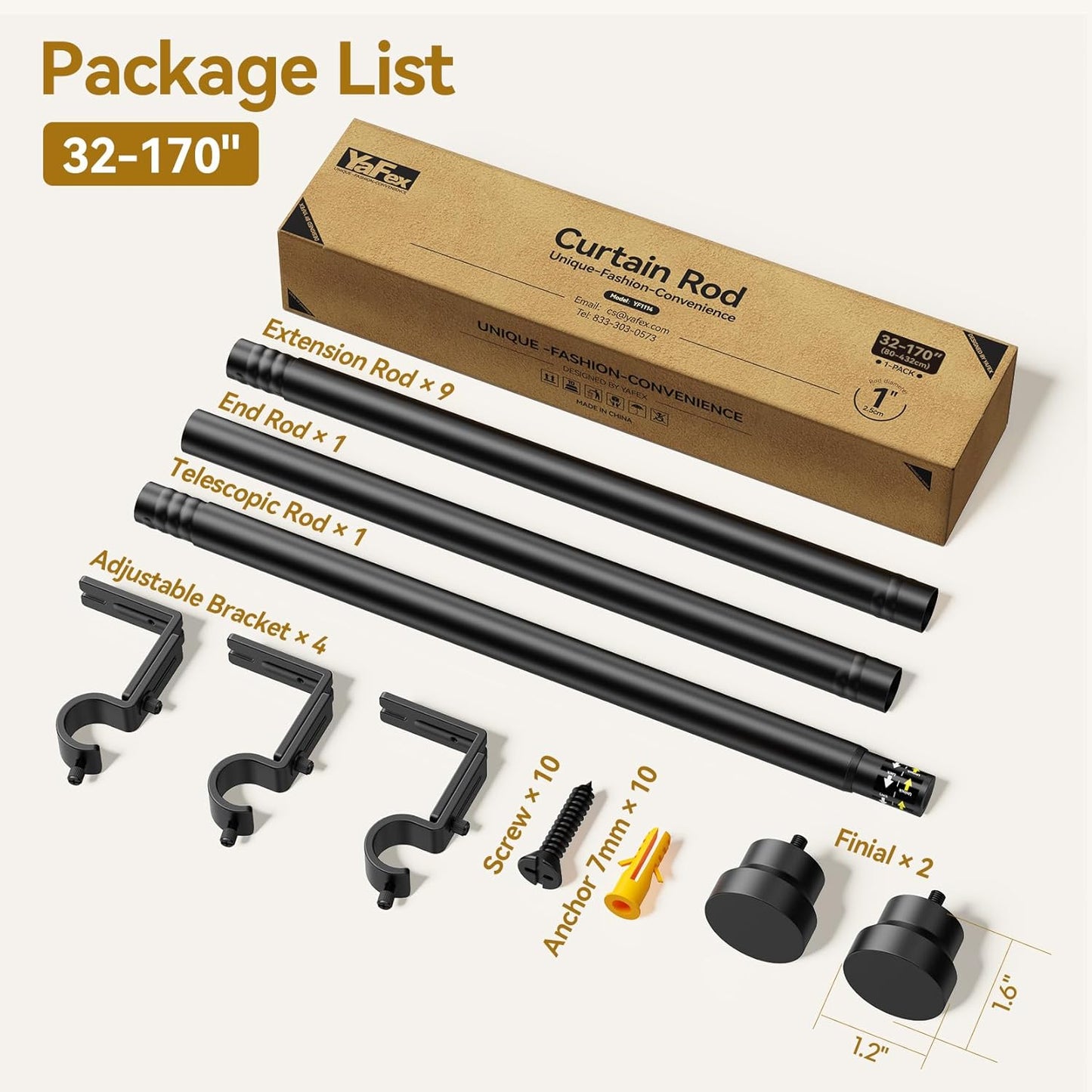 YaFex Adjustable Curtain Rods - Heavy Duty 1 Inch, 32-170 Inch, Black | Modern Design & Easy Installation
