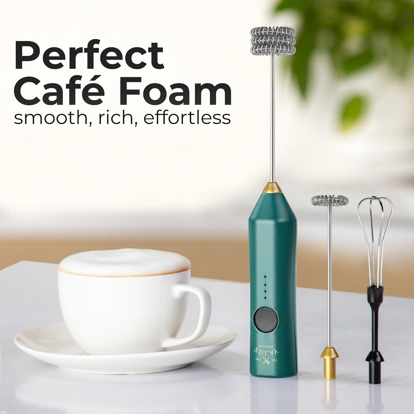 Zulay Kitchen Rechargeable Milk Frother - 3 Speeds & 3 Whisk Attachments - USB Charging for Lattes & Cappuccinos - Green Gold