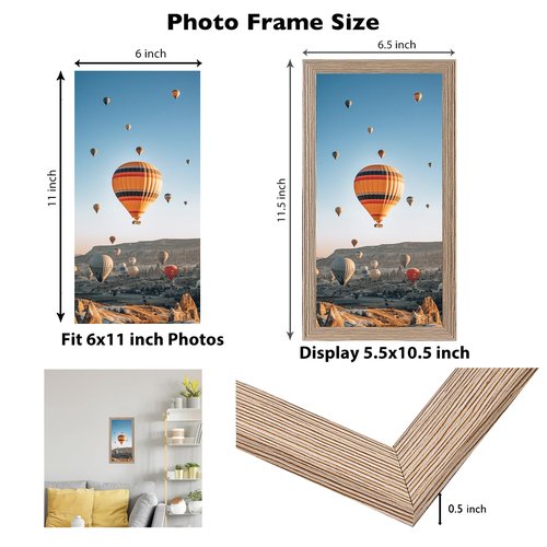 JCJMY 6x11 Picture Frame Rustic Brown for Wall Hanging or Tabletop, Wall Mounting Horizontally or Vertically, 6 x 11 Wall Gallery Poster Photo Frame with Shatter Resistant Plexiglass, Rustic Brown