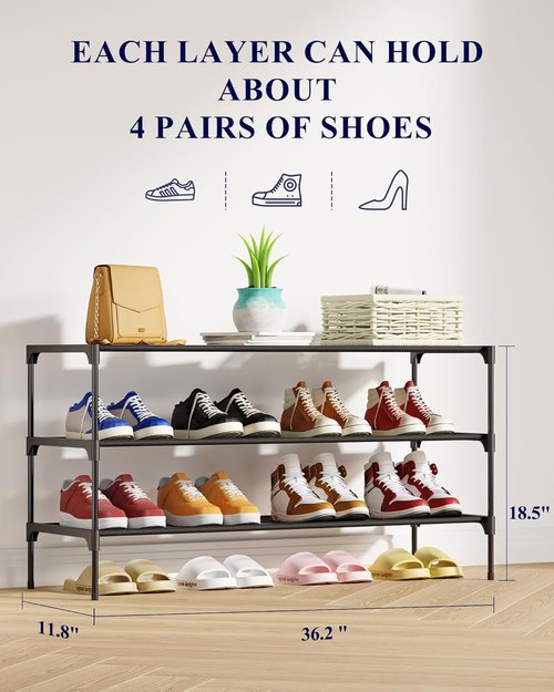 Kitsure Shoe Rack - Stackable Non-Woven Shoe Organizer for Closet & Entryway | 36.2" Wide - 3 Tier, Black